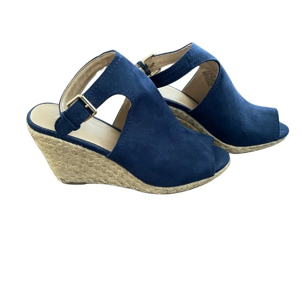 NEW APT 9 Faux Suede Blue Peep Toe Ankle Strap Wedge Sandal Women's Size 8.5
